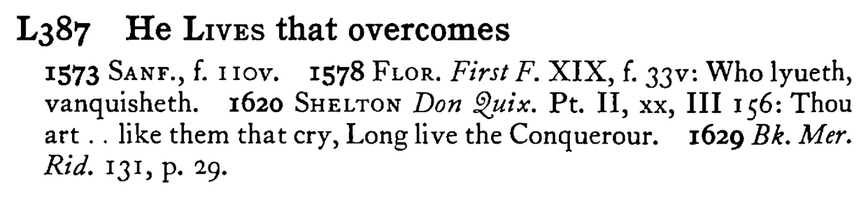 He LIVES that overcomes - a scanned entry from Tilley's 1950 Dictionary of Proverbs.