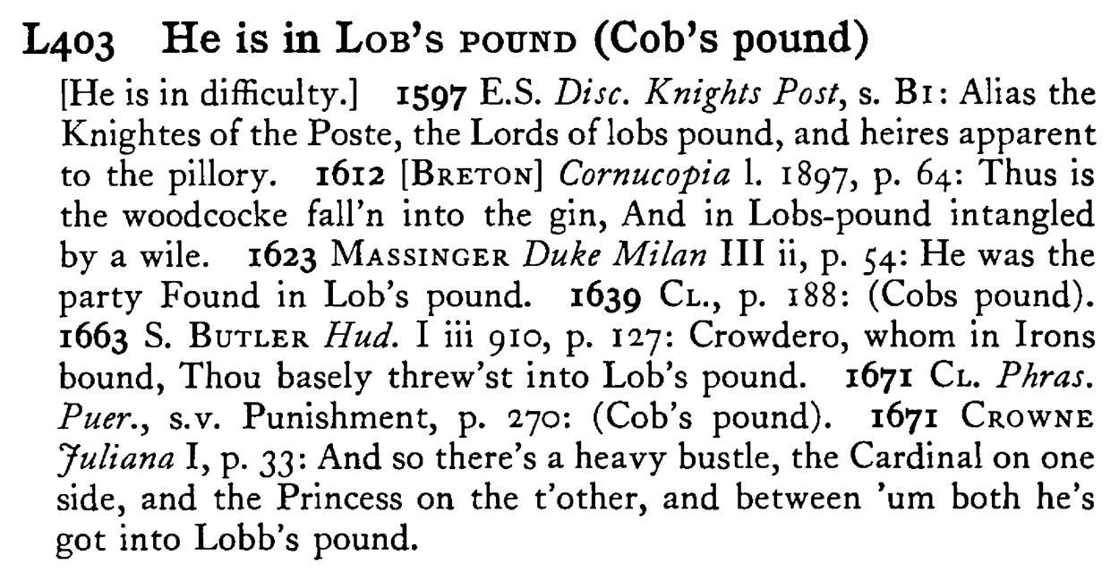 He is in LOB's POUND (Cob's pound) - a scanned entry from Tilley's 1950 Dictionary of Proverbs.