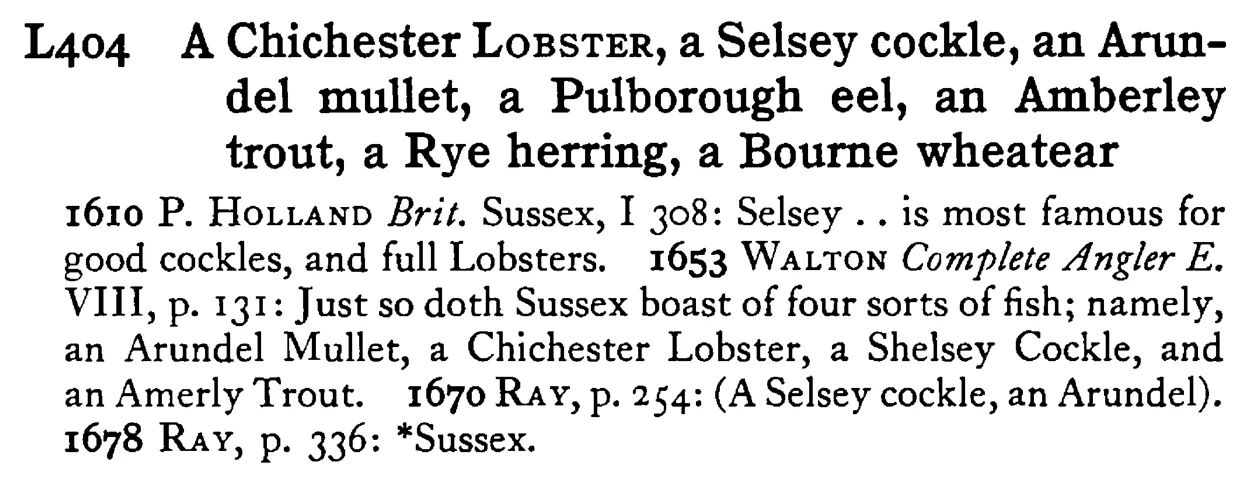 A Chichester LOBSTER, a Selsey cockle, an Arundel mullet, a Pulborough eel, an Amberley trout, a Rye herring, a Bourne wheatear - a scanned entry from Tilley's 1950 Dictionary of Proverbs.