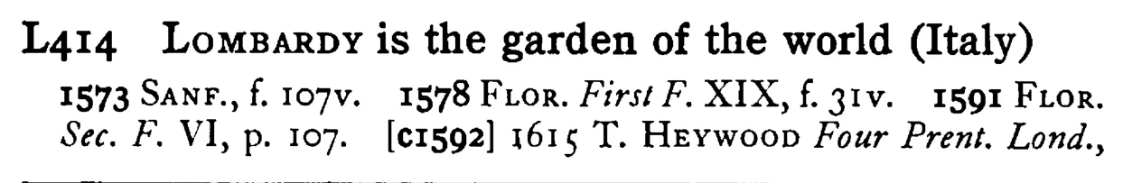 LOMBARDY is the garden of the world (Italy) - a scanned entry from Tilley's 1950 Dictionary of Proverbs.