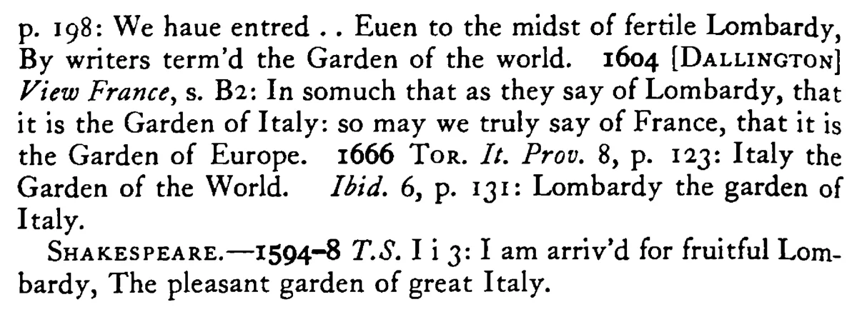 LOMBARDY is the garden of the world (Italy) - a scanned entry from Tilley's 1950 Dictionary of Proverbs. (continuation)
