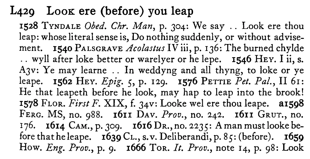 LOOK ere (before) you leap - a scanned entry from Tilley's 1950 Dictionary of Proverbs.