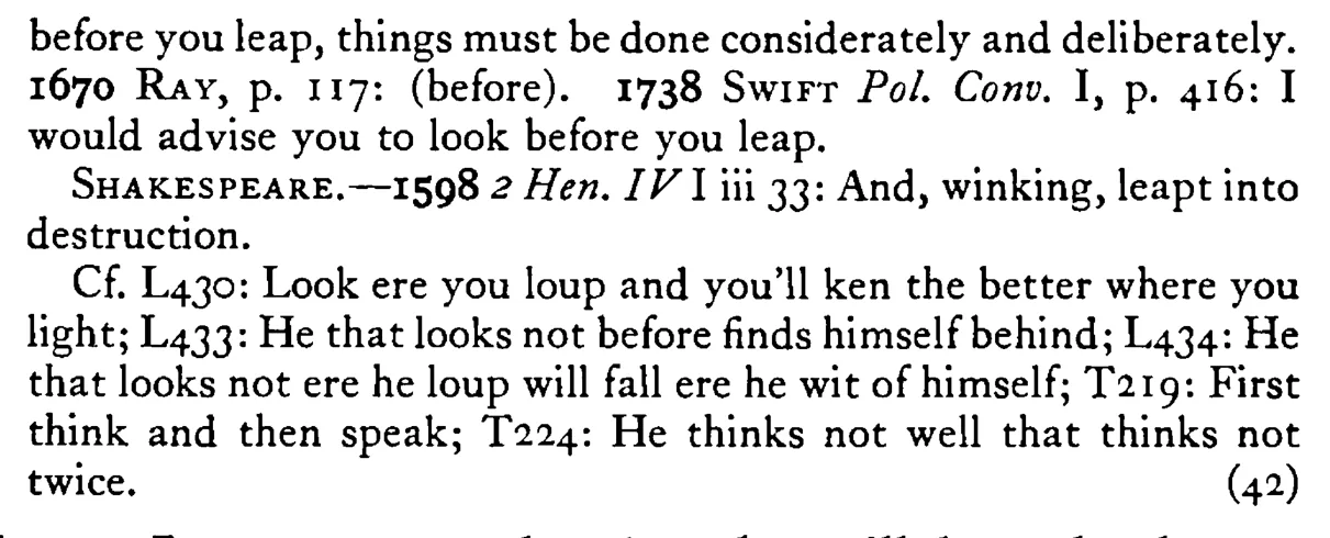 LOOK ere (before) you leap - a scanned entry from Tilley's 1950 Dictionary of Proverbs. (continuation)