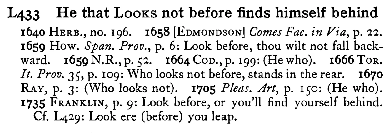 He that LOOKS not before finds himself behind - a scanned entry from Tilley's 1950 Dictionary of Proverbs.