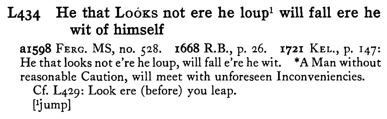 He that LOOKS not ere he loup¹ will fall ere he wit of himself - a scanned entry from Tilley's 1950 Dictionary of Proverbs.