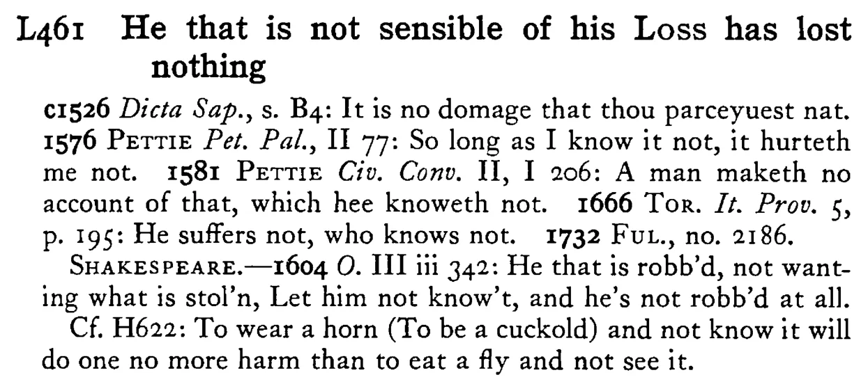 He that is not sensible of his LOSS has lost nothing - a scanned entry from Tilley's 1950 Dictionary of Proverbs.