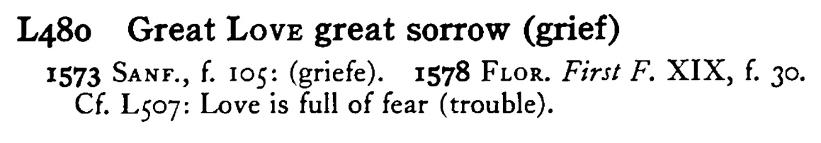 Great LOVE great sorrow (grief) - a scanned entry from Tilley's 1950 Dictionary of Proverbs.