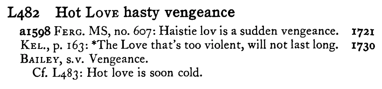 Hot LOVE hasty vengeance - a scanned entry from Tilley's 1950 Dictionary of Proverbs.