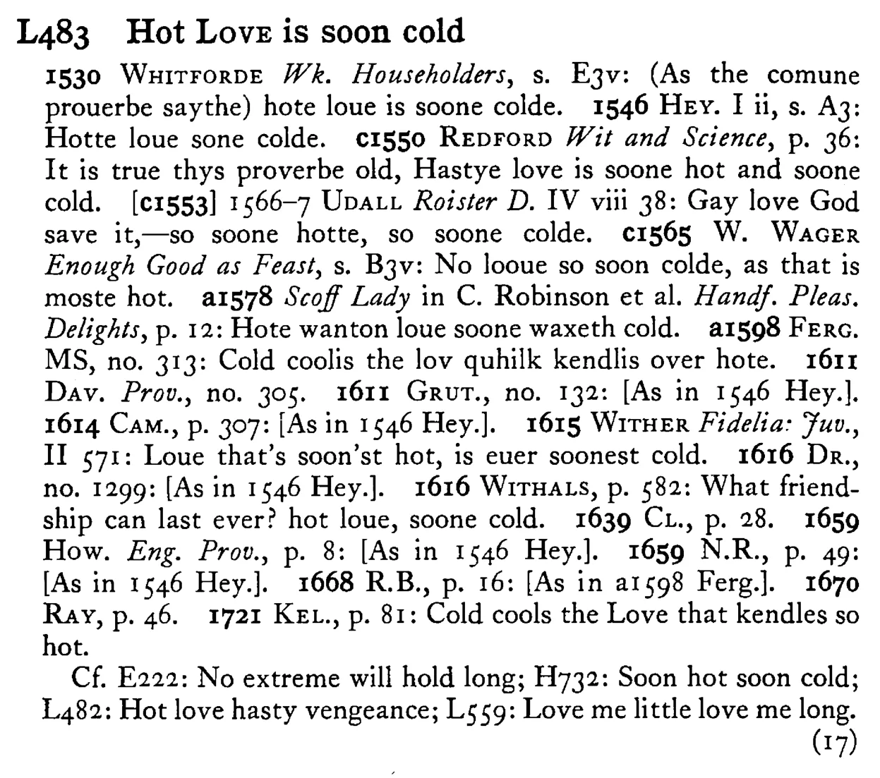 Hot LOVE is soon cold - a scanned entry from Tilley's 1950 Dictionary of Proverbs.