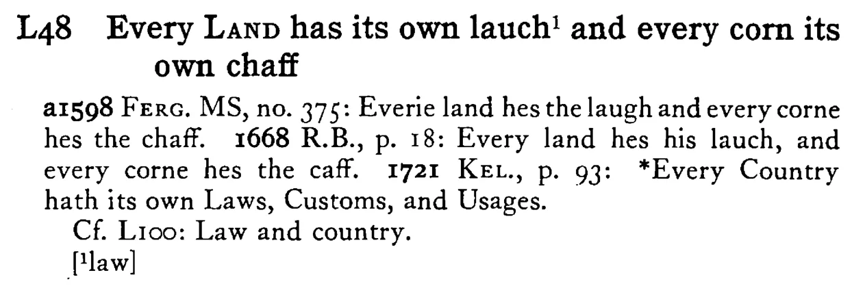 Every LAND has its own lauch¹ and every corn its own chaff - a scanned entry from Tilley's 1950 Dictionary of Proverbs.