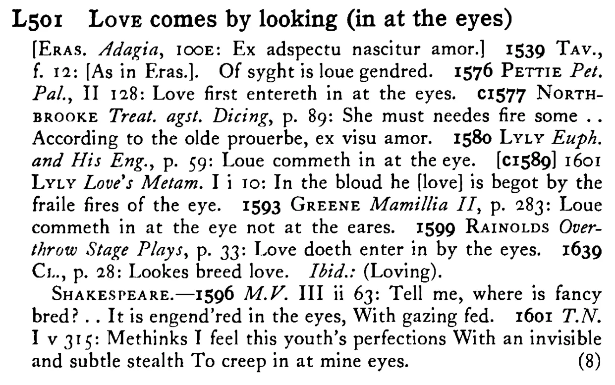 LOVE comes by looking (in at the eyes) - a scanned entry from Tilley's 1950 Dictionary of Proverbs.