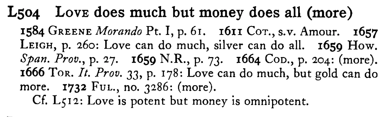 LOVE does much but money does all (more) - a scanned entry from Tilley's 1950 Dictionary of Proverbs.