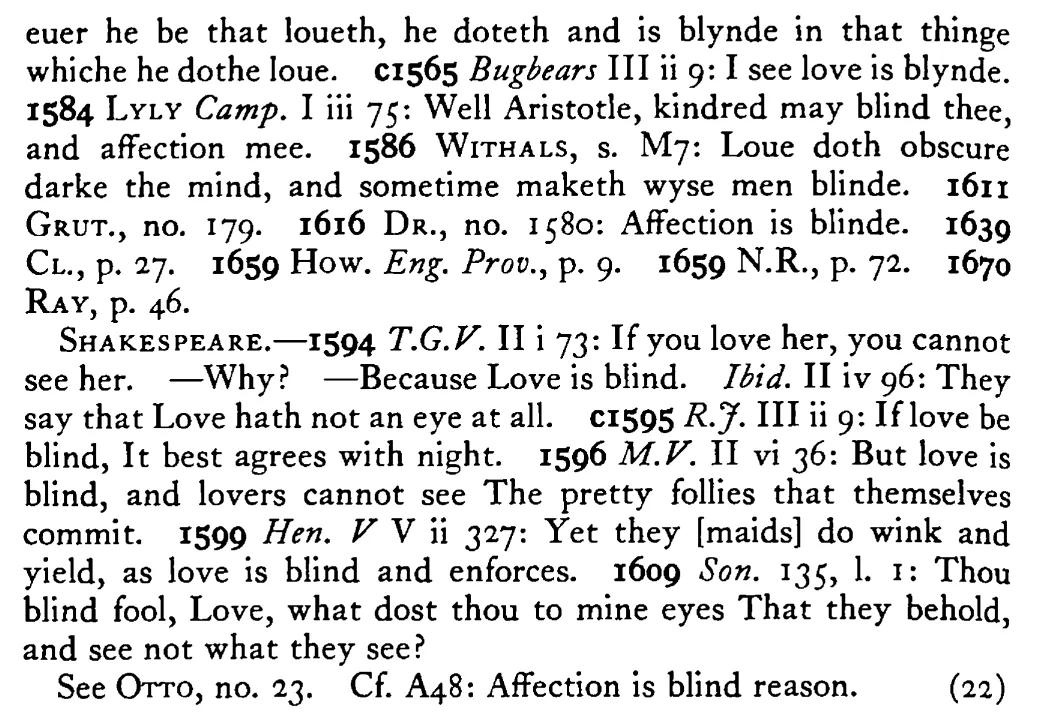 LOVE is blind - a scanned entry from Tilley's 1950 Dictionary of Proverbs. (continuation)