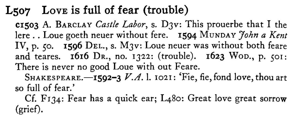 LOVE is full of fear (trouble) - a scanned entry from Tilley's 1950 Dictionary of Proverbs.