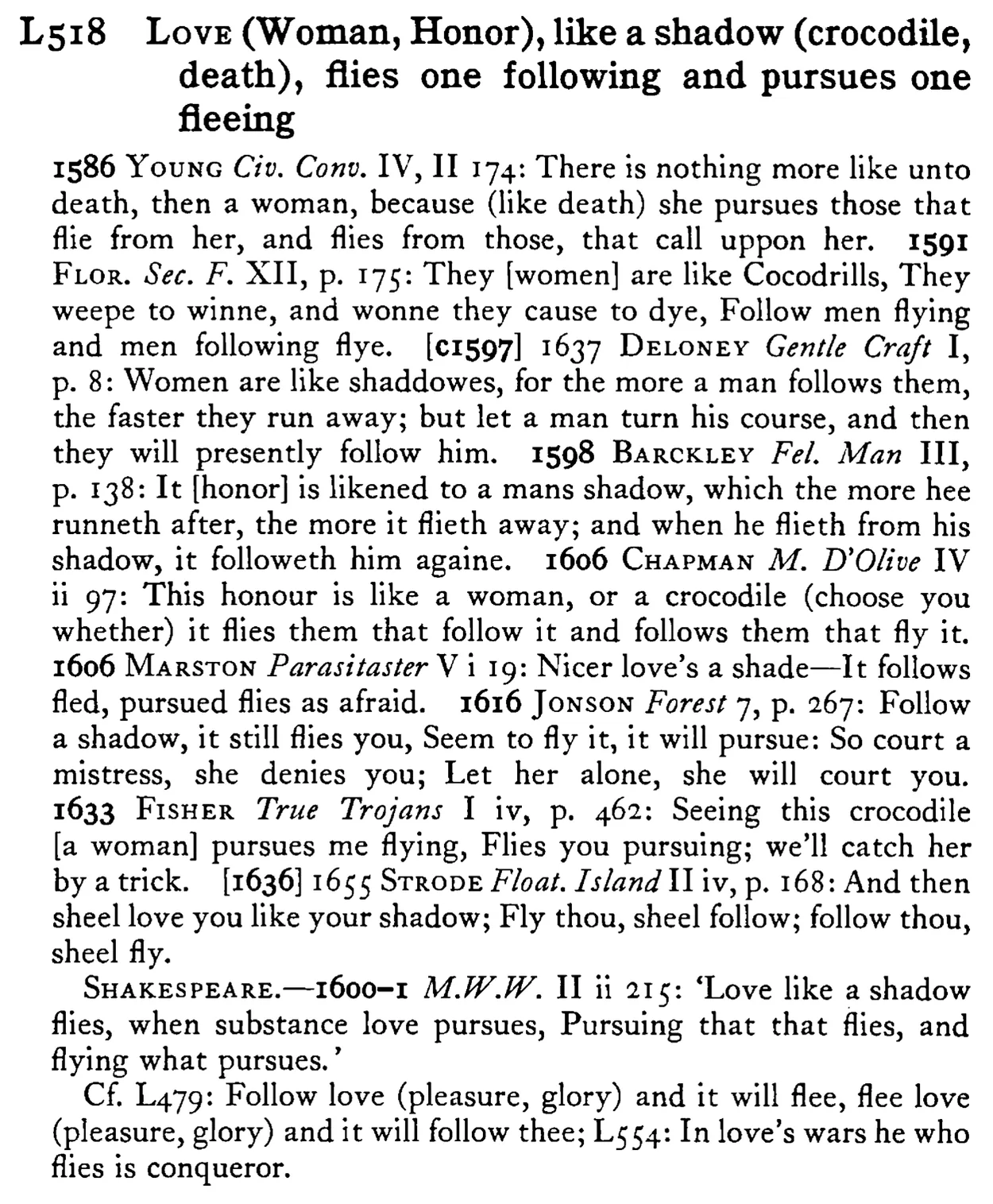 LOVE (Woman, Honor), like a shadow (crocodile, death), flies one following and pursues one fleeing - a scanned entry from Tilley's 1950 Dictionary of Proverbs.
