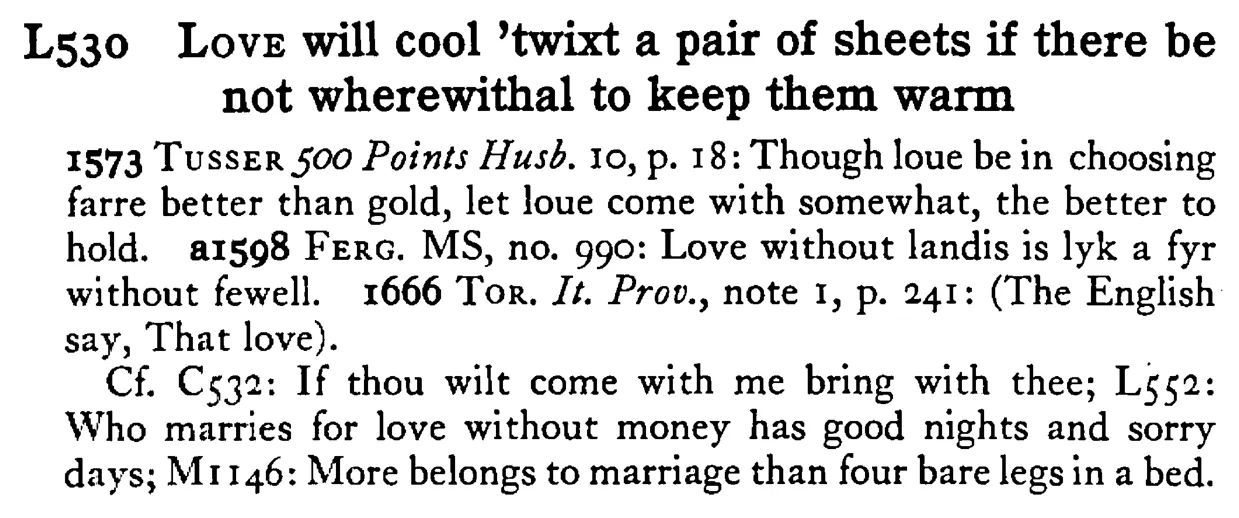 LOVE will cool 'twixt a pair of sheets if there be not wherewithal to keep them warm - a scanned entry from Tilley's 1950 Dictionary of Proverbs.