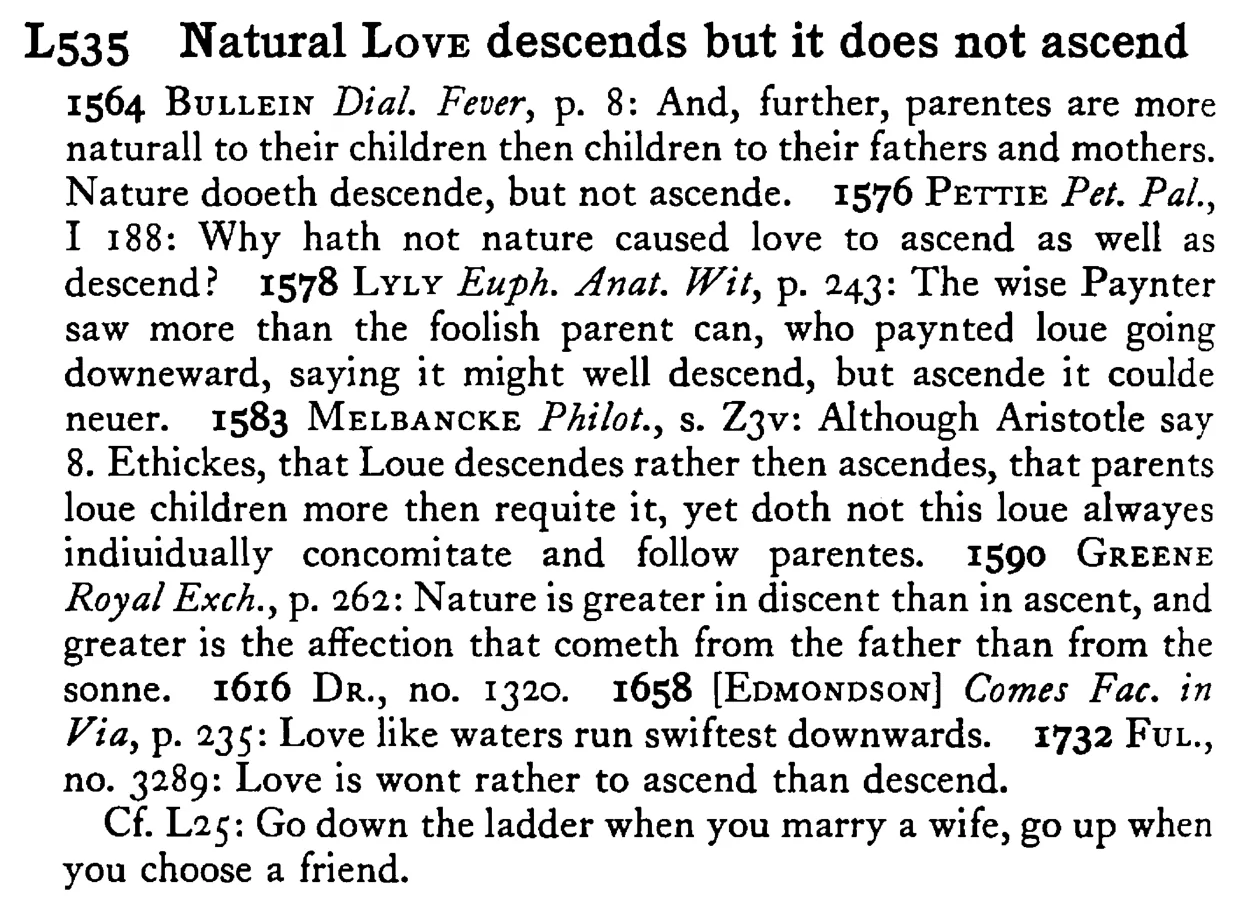 Natural LOVE descends but it does not ascend - a scanned entry from Tilley's 1950 Dictionary of Proverbs.