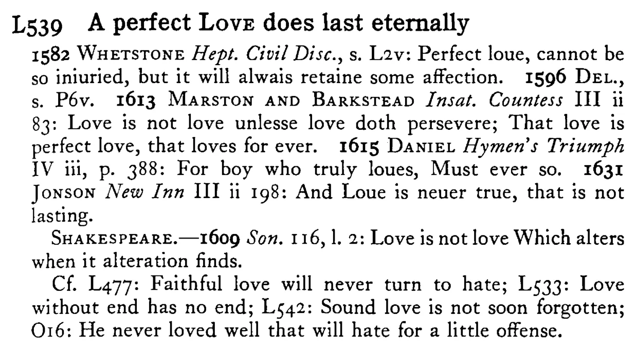 A perfect LOVE does last eternally - a scanned entry from Tilley's 1950 Dictionary of Proverbs.