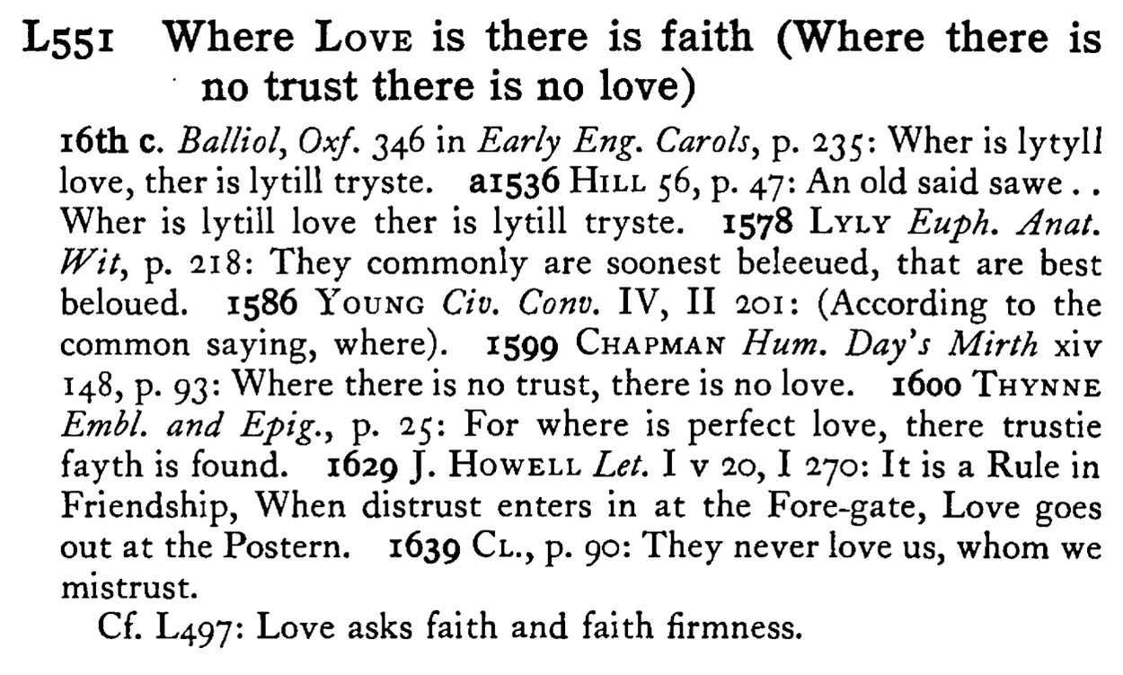Where LOVE is there is faith (Where there is no trust there is no love) - a scanned entry from Tilley's 1950 Dictionary of Proverbs.