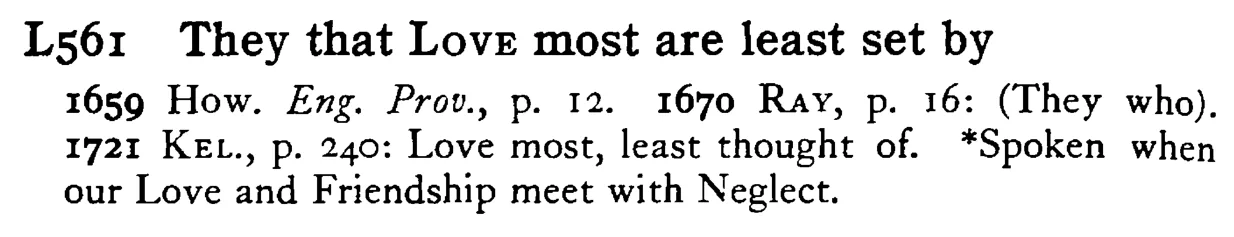 They that LOVE most are least set by - a scanned entry from Tilley's 1950 Dictionary of Proverbs.
