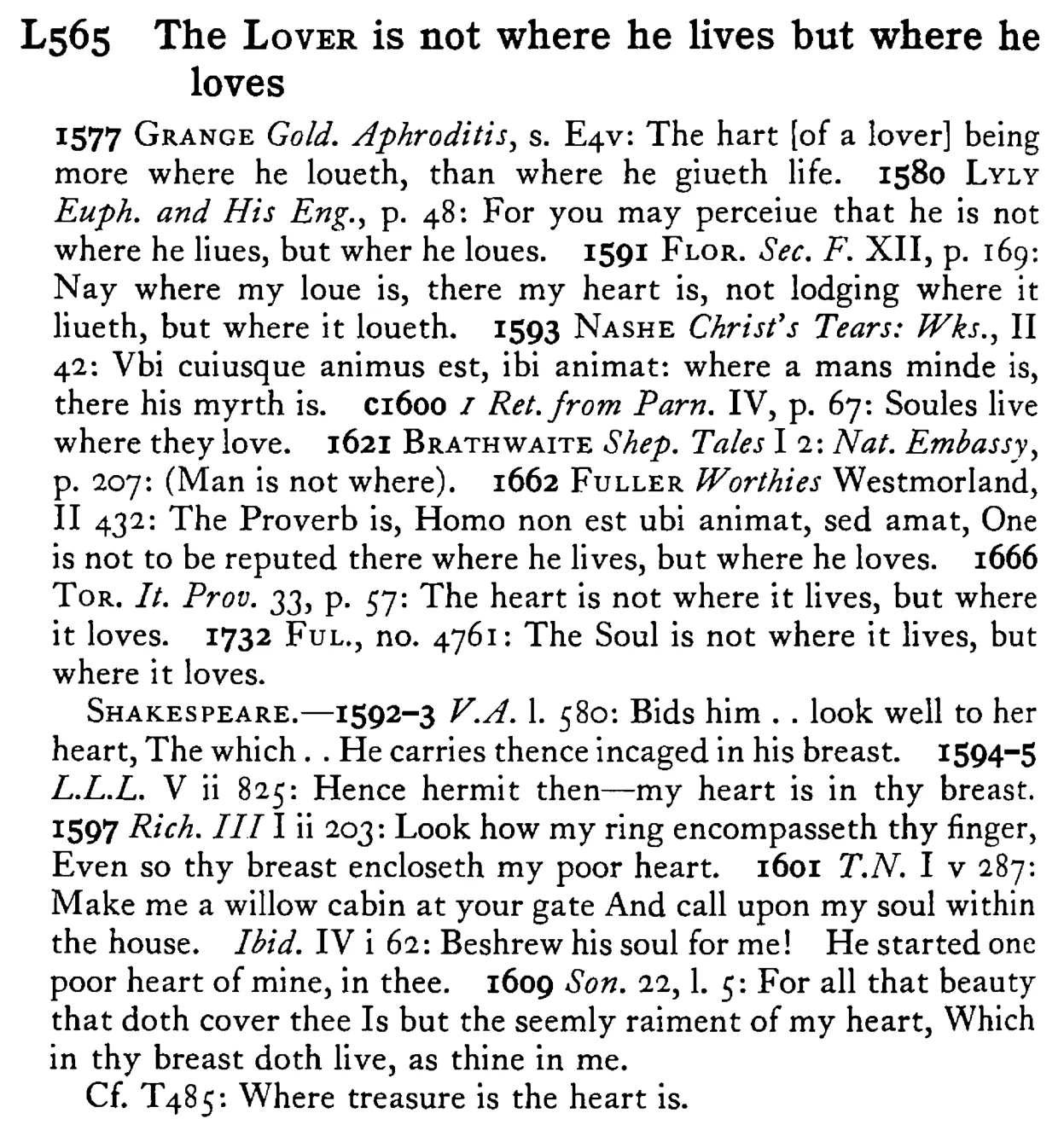 The LOVER is not where he lives but where he loves - a scanned entry from Tilley's 1950 Dictionary of Proverbs.