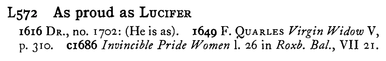 As proud as LUCIFER - a scanned entry from Tilley's 1950 Dictionary of Proverbs.