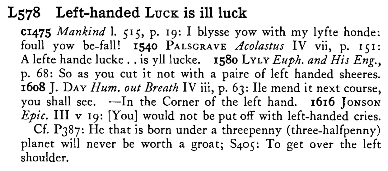 Left-handed LUCK is ill luck - a scanned entry from Tilley's 1950 Dictionary of Proverbs.