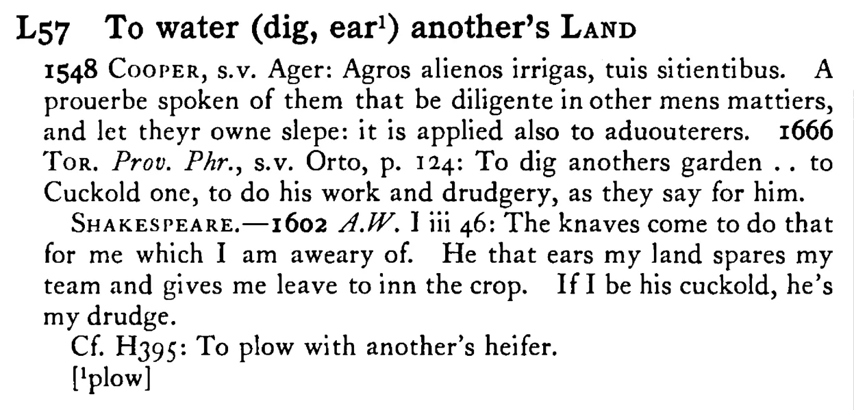 To water (dig, ear¹) another's LAND - a scanned entry from Tilley's 1950 Dictionary of Proverbs.