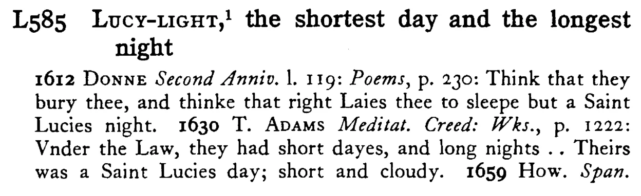 LUCY-LIGHT¹, the shortest day and the longest night - a scanned entry from Tilley's 1950 Dictionary of Proverbs.