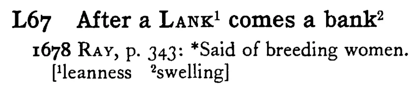 After a LANK¹ comes a bank² - a scanned entry from Tilley's 1950 Dictionary of Proverbs.
