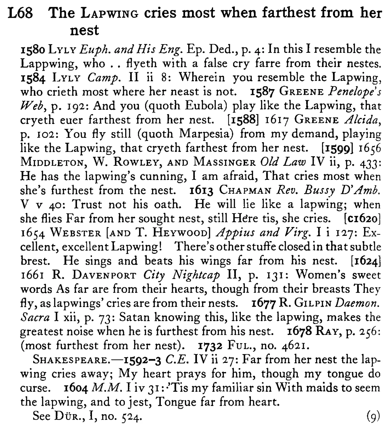 The LAPWING cries most when farthest from her nest - a scanned entry from Tilley's 1950 Dictionary of Proverbs.
