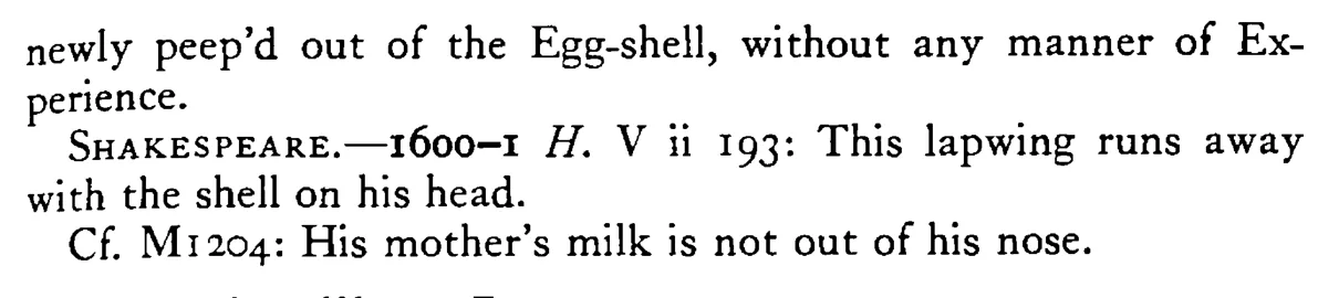 Like a LAPWING that runs away with the shell on its head - a scanned entry from Tilley's 1950 Dictionary of Proverbs. (continuation)