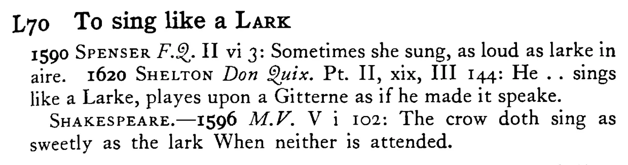 To sing like a LARK - a scanned entry from Tilley's 1950 Dictionary of Proverbs.