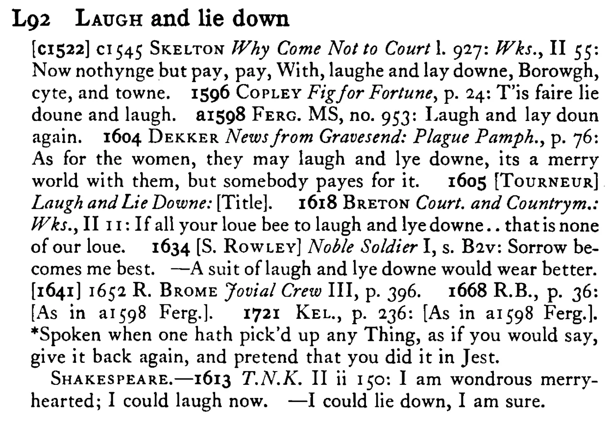 LAUGH and lie down - a scanned entry from Tilley's 1950 Dictionary of Proverbs.