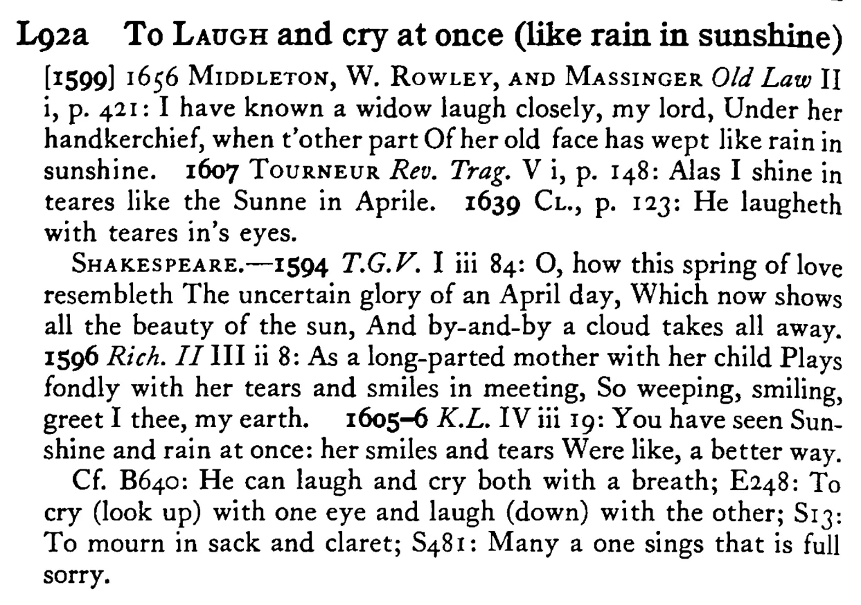 To LAUGH and cry at once (like rain in sunshine) - a scanned entry from Tilley's 1950 Dictionary of Proverbs.