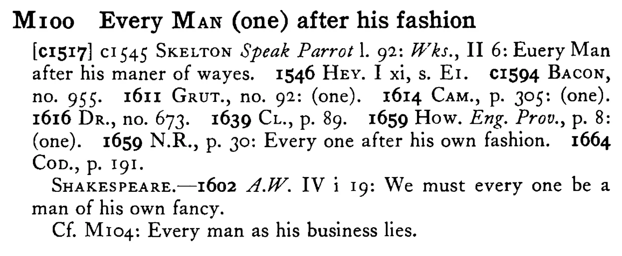 Every MAN (one) after his fashion - a scanned entry from Tilley's 1950 Dictionary of Proverbs.