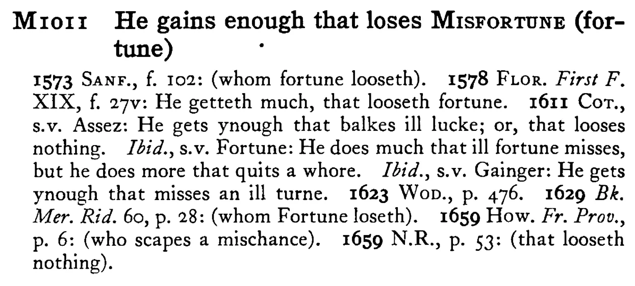 He gains enough that loses MISFORTUNE (for-tune) - a scanned entry from Tilley's 1950 Dictionary of Proverbs.
