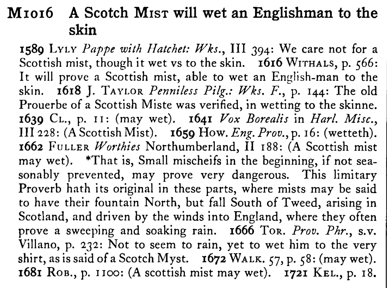 A Scotch MIST will wet an Englishman to the skin - a scanned entry from Tilley's 1950 Dictionary of Proverbs.