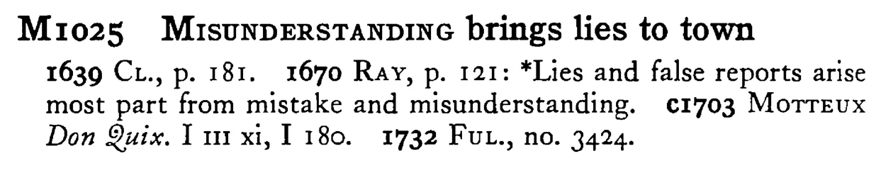 MISUNDERSTANDING brings lies to town - a scanned entry from Tilley's 1950 Dictionary of Proverbs.