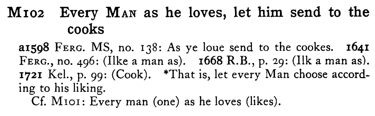 Every MAN as he loves, let him send to the cooks - a scanned entry from Tilley's 1950 Dictionary of Proverbs.