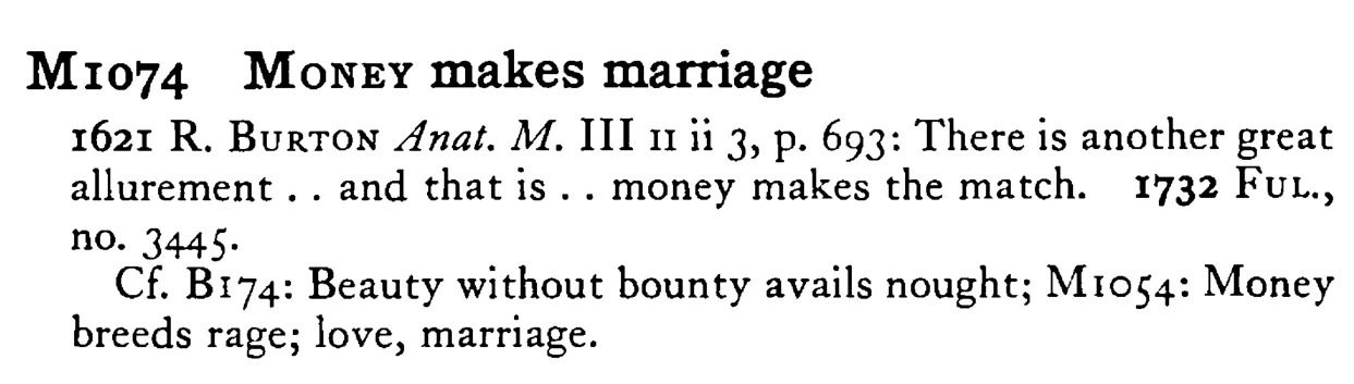 MONEY makes marriage - a scanned entry from Tilley's 1950 Dictionary of Proverbs.