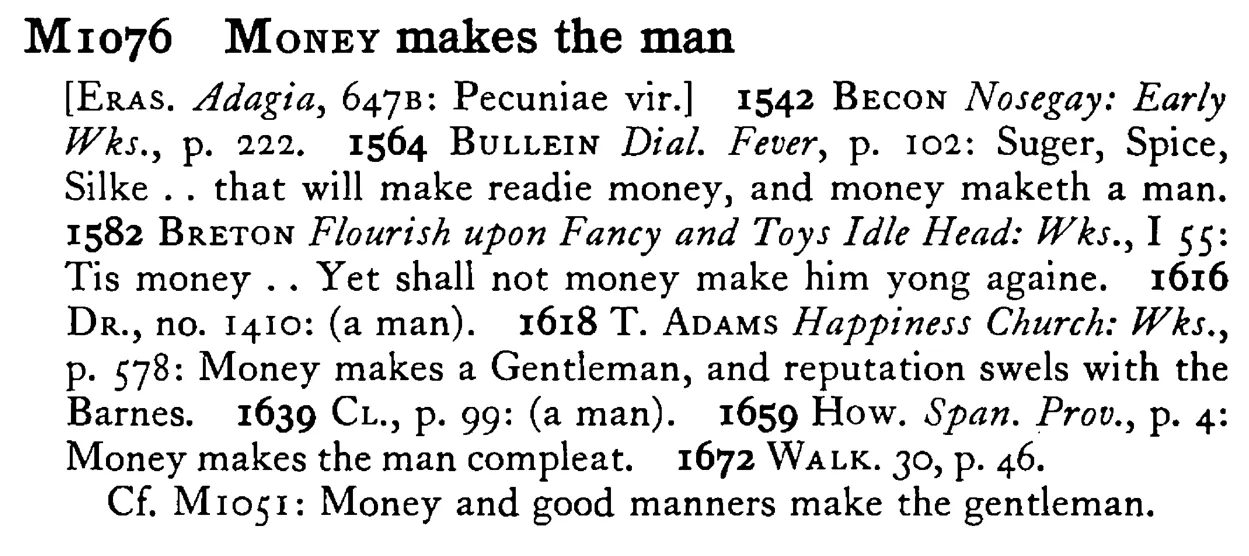 MONEY makes the man - a scanned entry from Tilley's 1950 Dictionary of Proverbs.