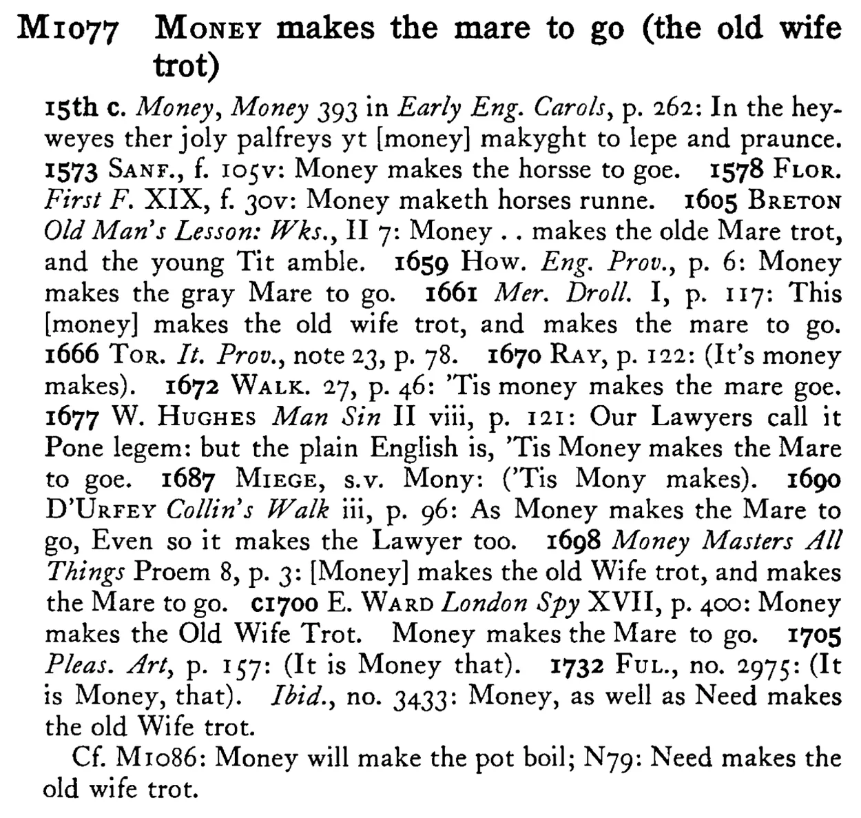 MONEY makes the mare to go (the old wife trot) - a scanned entry from Tilley's 1950 Dictionary of Proverbs.