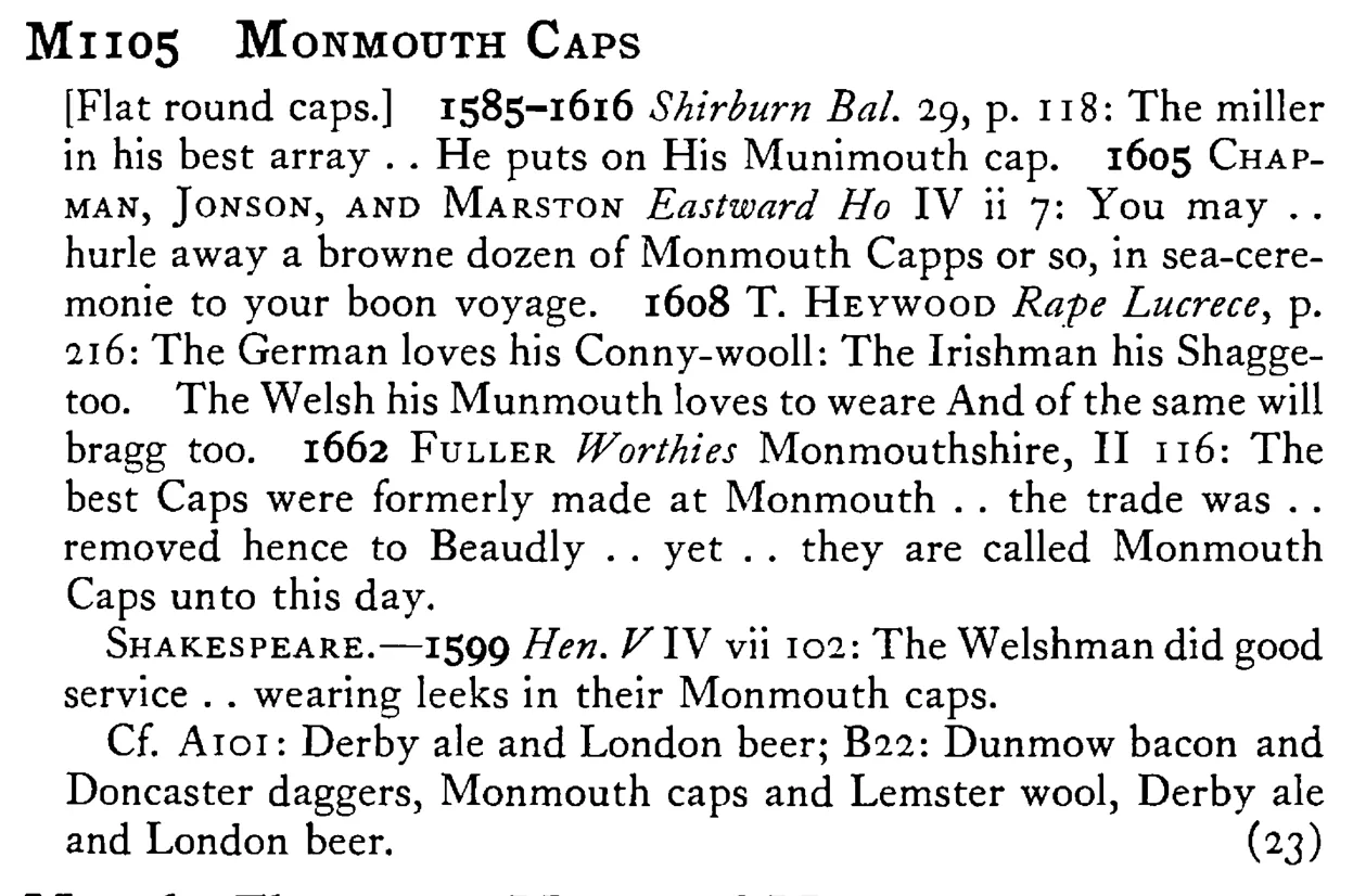 MONMOUTH CAPS - a scanned entry from Tilley's 1950 Dictionary of Proverbs.