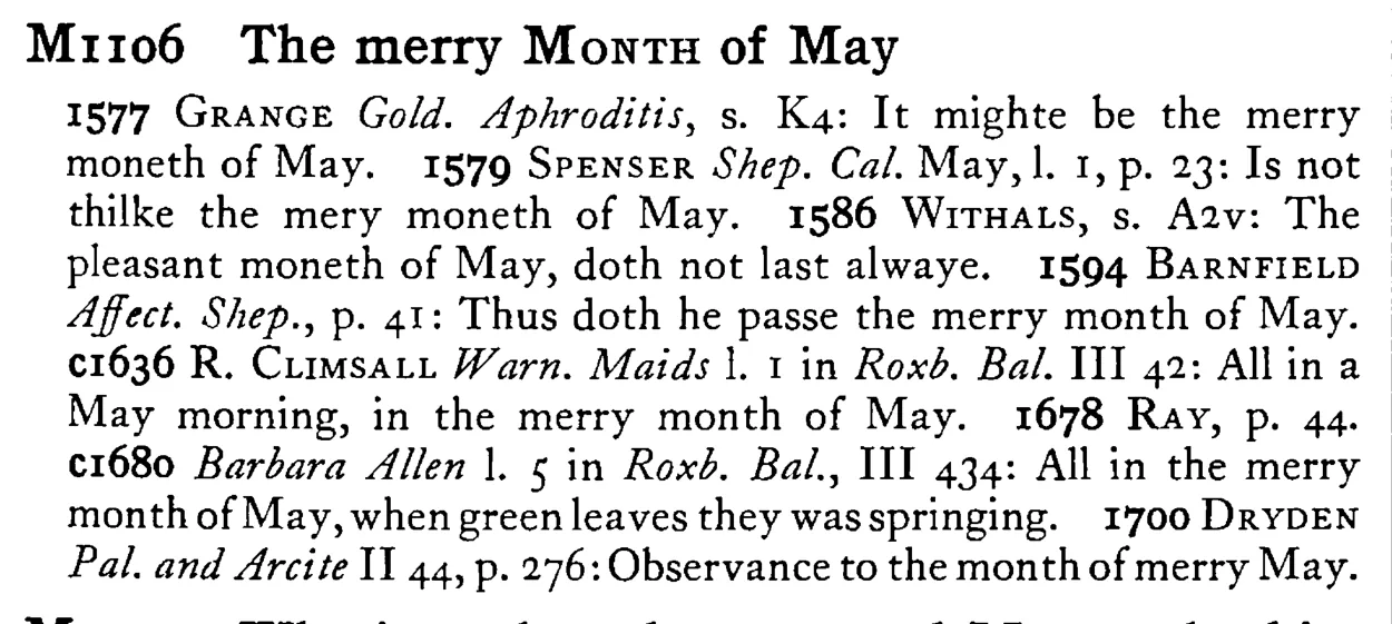 The merry MONTH of May - a scanned entry from Tilley's 1950 Dictionary of Proverbs.