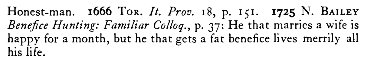 Who intends to have a good MONTH, let him to the bath; a good year, let him marry; a good week, let him kill a hog; who will be happy always, let him turn priest - a scanned entry from Tilley's 1950 Dictionary of Proverbs. (continuation)