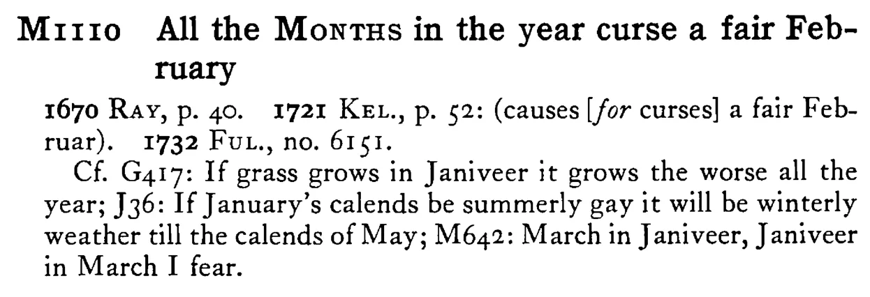 All the MONTHS in the year curse a fair February - a scanned entry from Tilley's 1950 Dictionary of Proverbs.