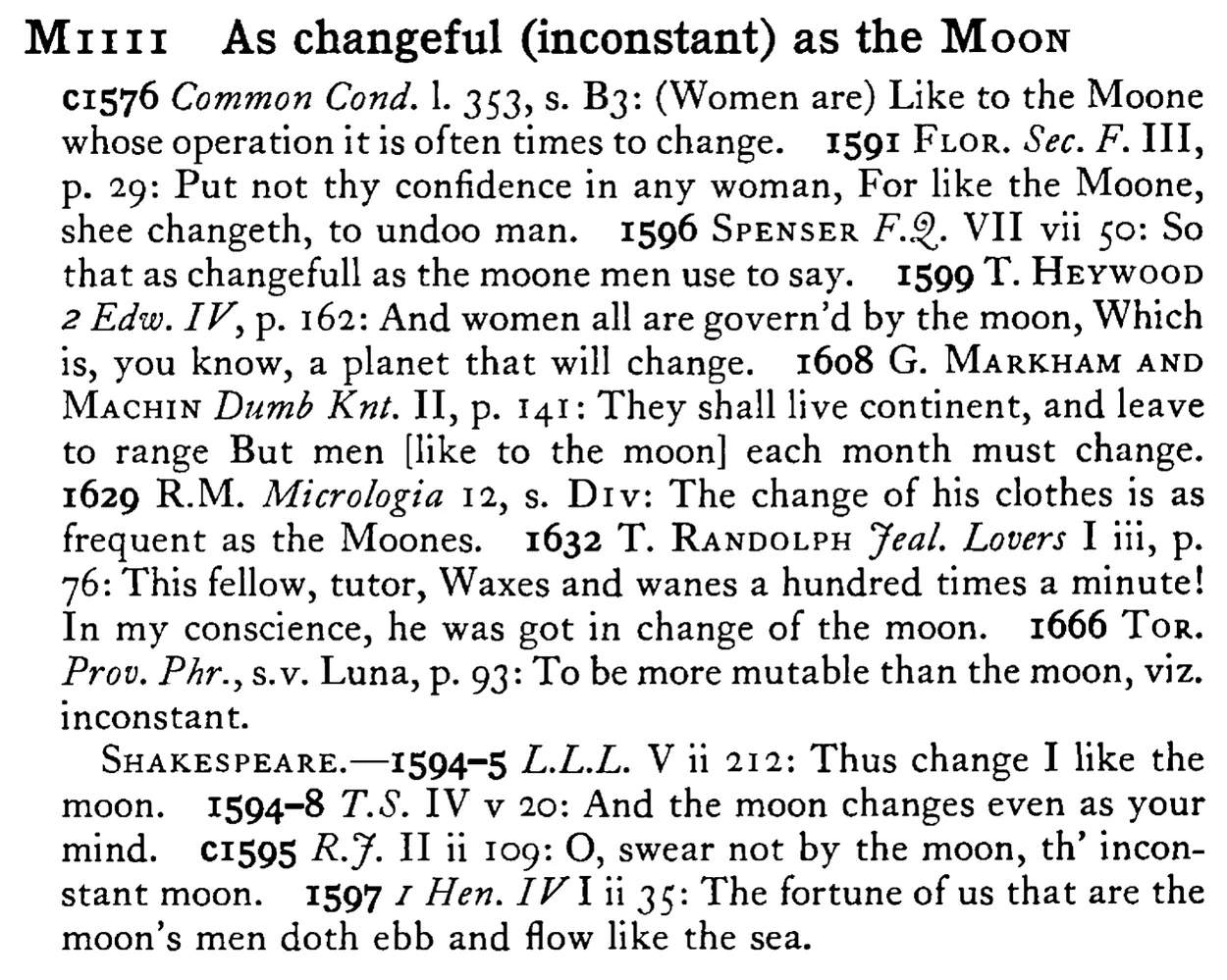 As changeful (inconstant) as the MOON - a scanned entry from Tilley's 1950 Dictionary of Proverbs.