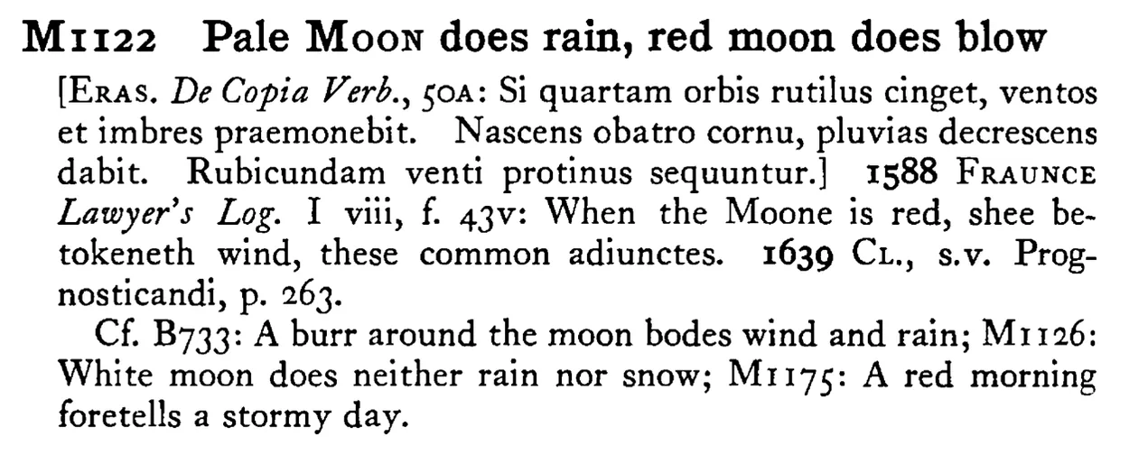 Pale MOON does rain, red moon does blow - a scanned entry from Tilley's 1950 Dictionary of Proverbs.