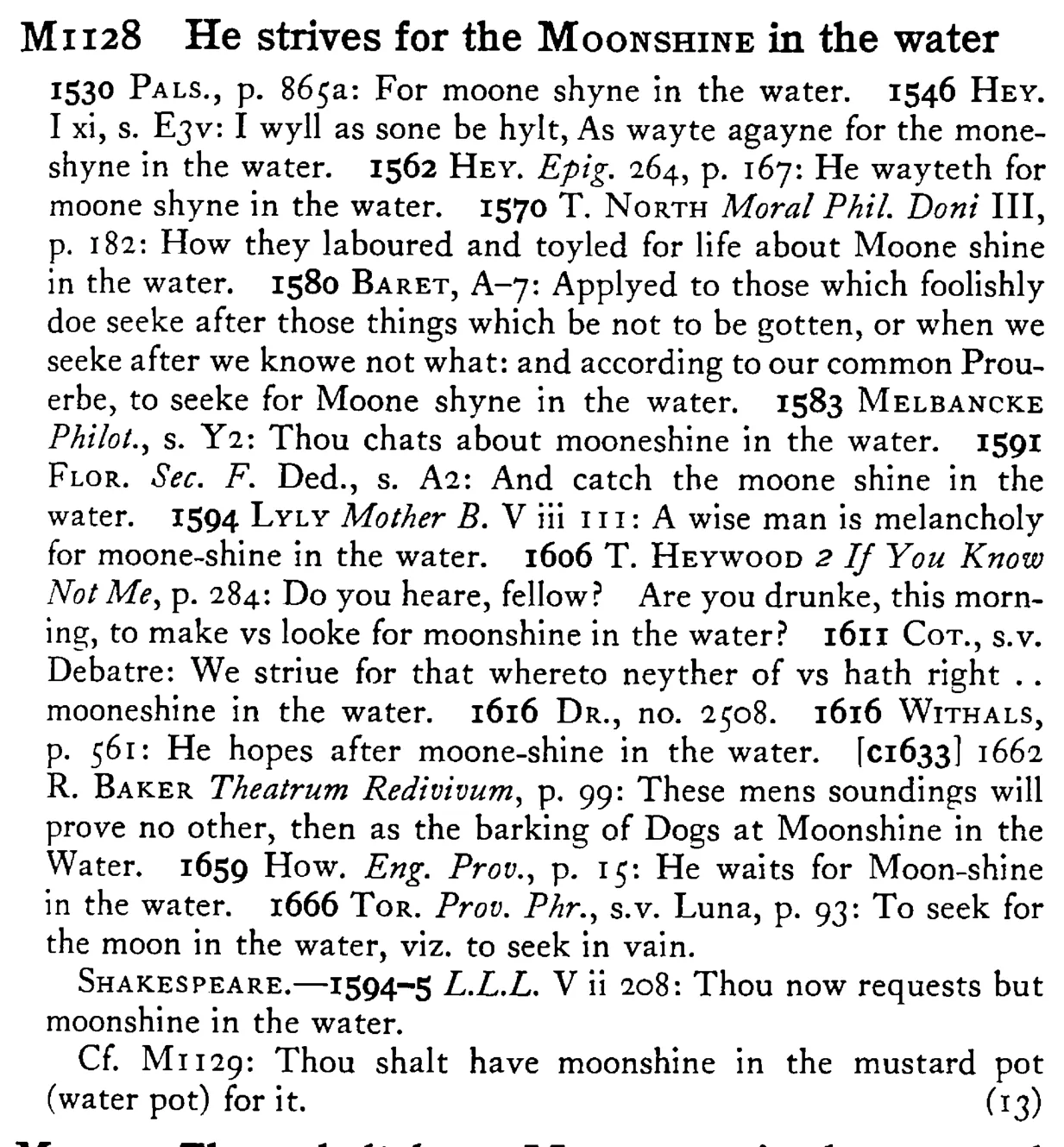 He strives for the MOONSHINE in the water - a scanned entry from Tilley's 1950 Dictionary of Proverbs.